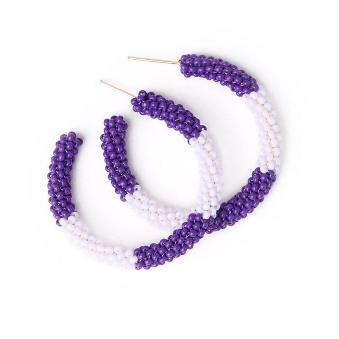 Game Day Beaded Color Block Hoop Earrings Purple + White Hoop
