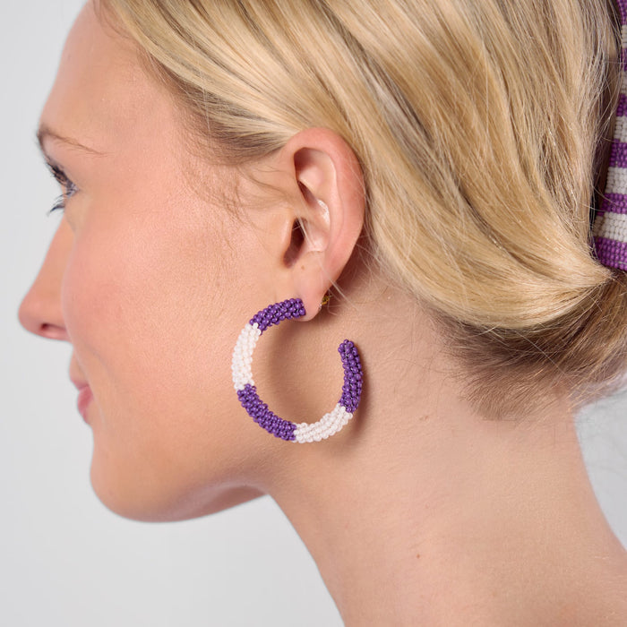 Game Day Beaded Color Block Hoop Earrings Purple + White Hoop