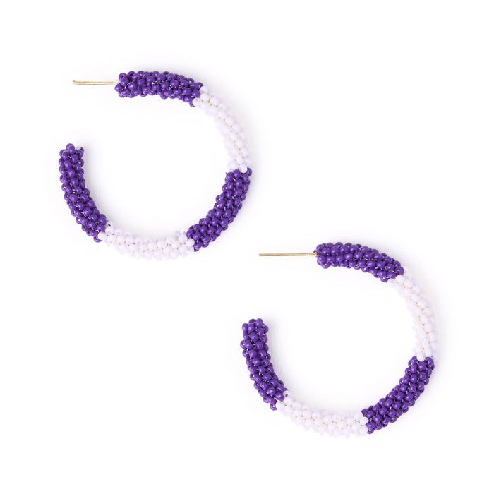 Game Day Beaded Color Block Hoop Earrings Purple + White Hoop