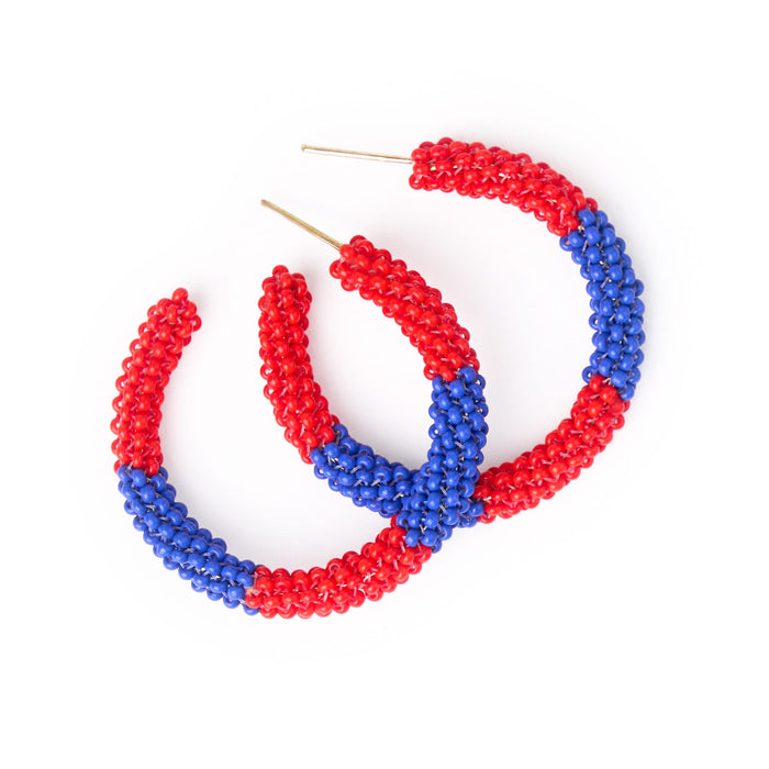 Game Day Beaded Color Block Hoop Earrings Red + Blue Hoop