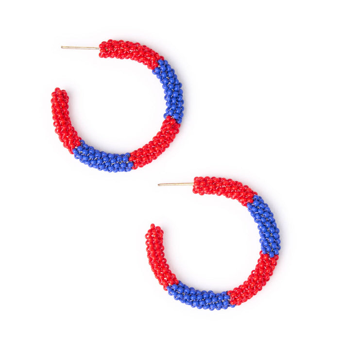 Game Day Beaded Color Block Hoop Earrings Red + Blue Hoop