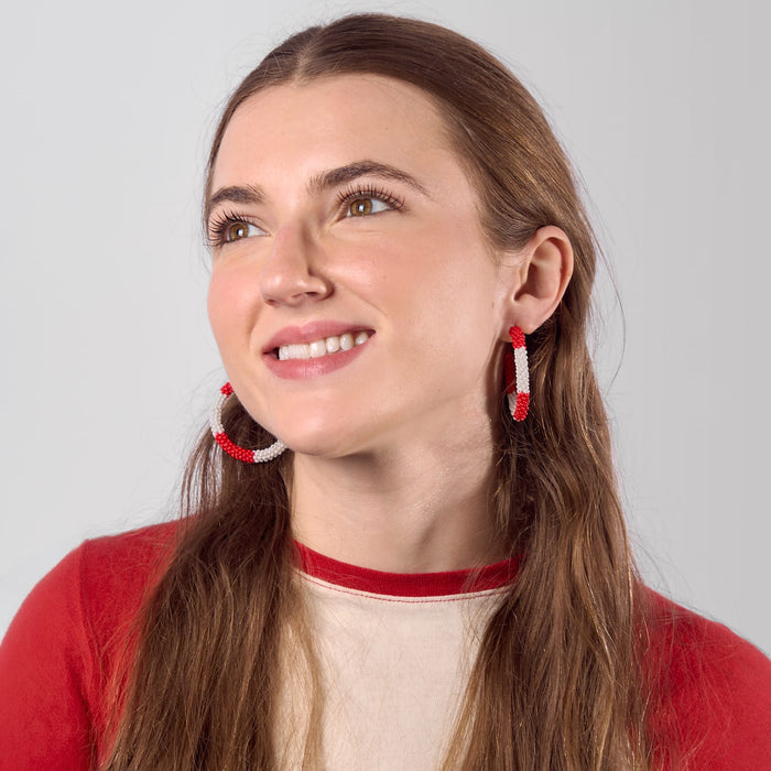 Game Day Beaded Color Block Hoop Earrings Red + White Hoop