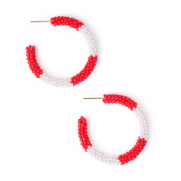 Game Day Beaded Color Block Hoop Earrings Red + White Hoop