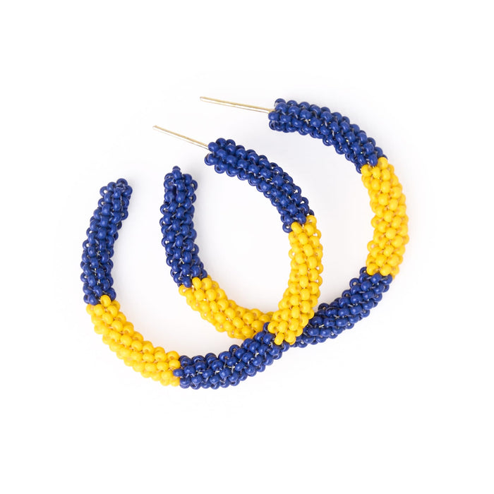 Game Day Beaded Color Block Hoop Earrings Yellow + Navy Hoop