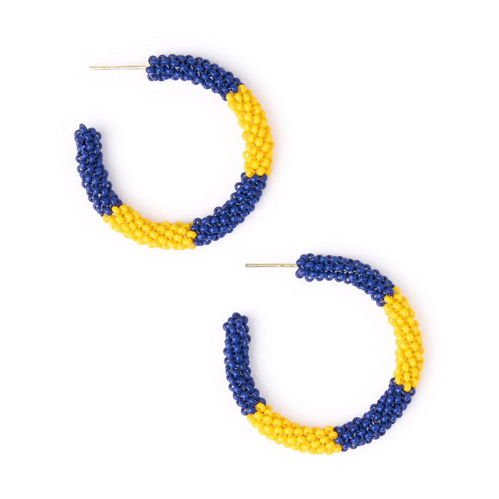 Game Day Beaded Color Block Hoop Earrings Yellow + Navy Hoop