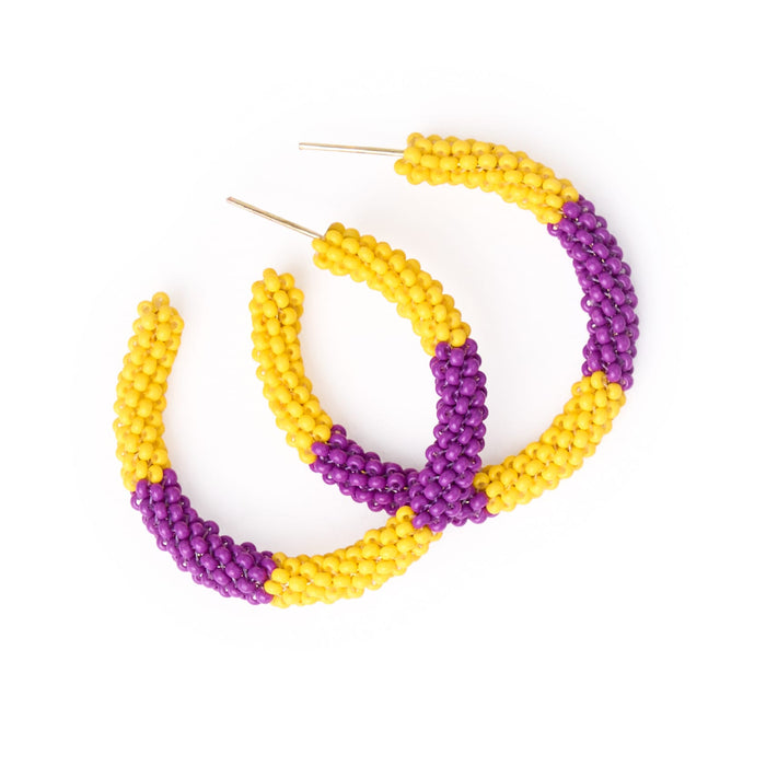 Game Day Beaded Color Block Hoop Earrings Yellow + Purple Hoop
