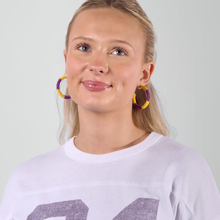 Game Day Beaded Color Block Hoop Earrings Yellow + Purple Hoop