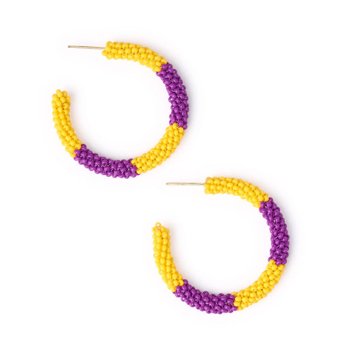Game Day Beaded Color Block Hoop Earrings Yellow + Purple Hoop