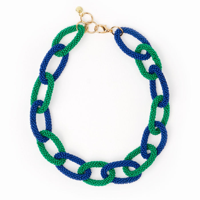 Game Day Chain Link Beaded Necklace Blue + Green Single Strand