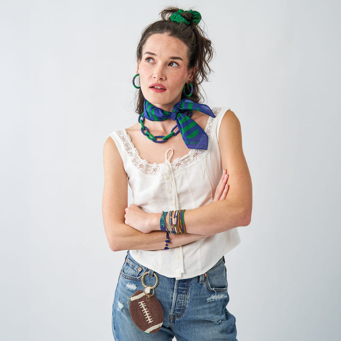 Game Day Chain Link Beaded Necklace Blue + Green Single Strand