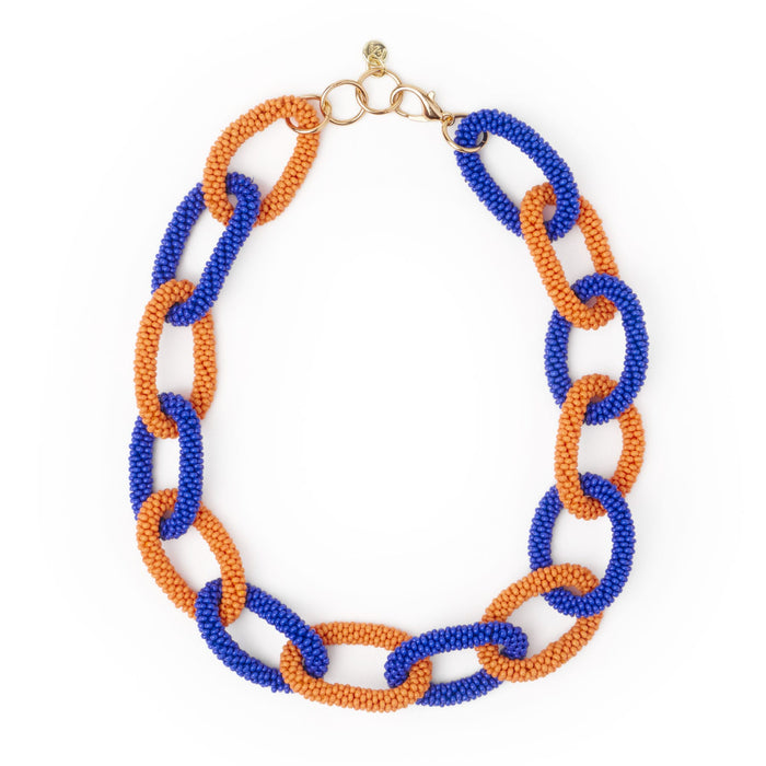 Game Day Chain Link Beaded Necklace Blue + Orange Single Strand
