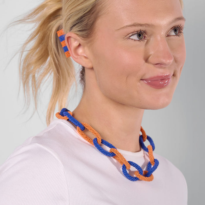 Game Day Chain Link Beaded Necklace Blue + Orange Single Strand