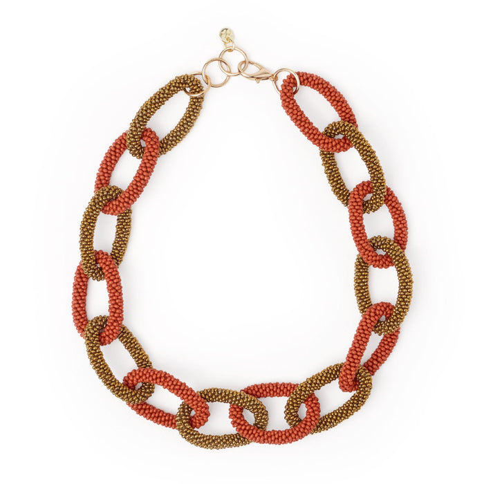 Game Day Chain Link Beaded Necklace Burnt Orange + Gold Single Strand