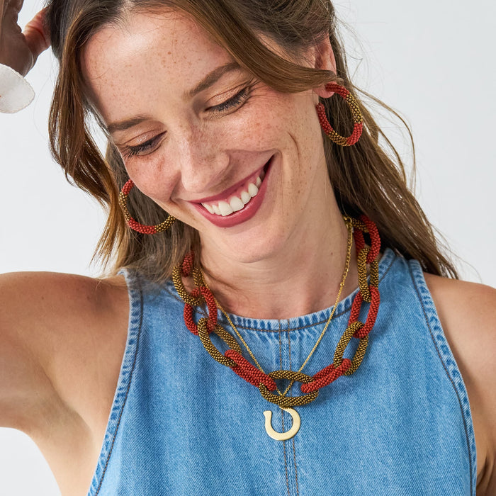 Game Day Chain Link Beaded Necklace Burnt Orange + Gold Single Strand