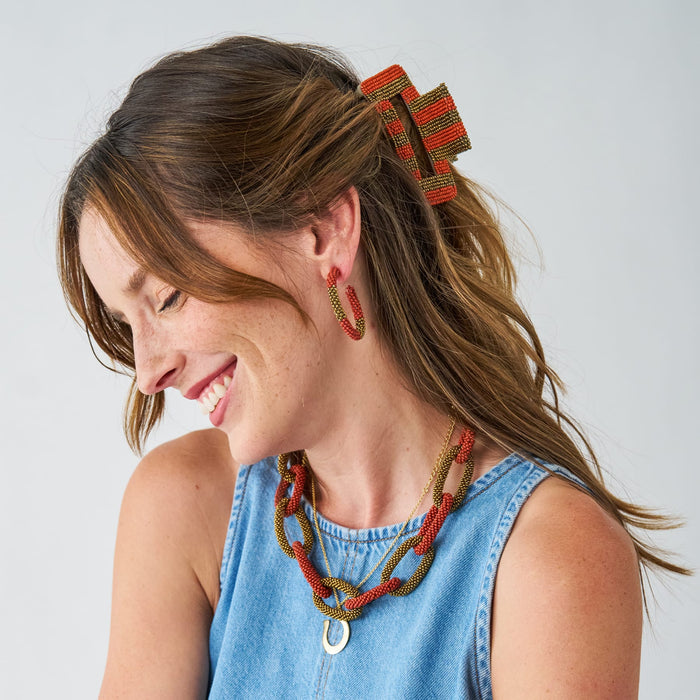 Game Day Chain Link Beaded Necklace Burnt Orange + Gold Single Strand