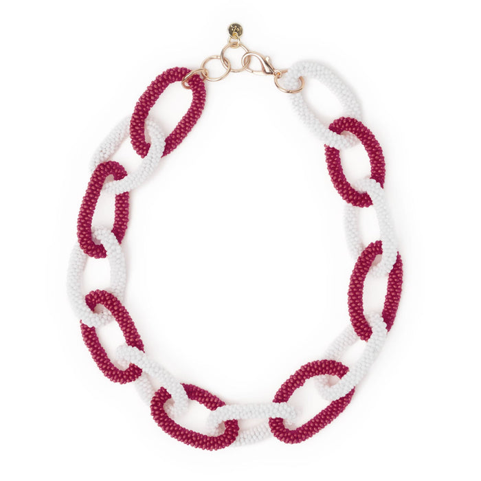 Game Day Chain Link Beaded Necklace Maroon + White Single Strand