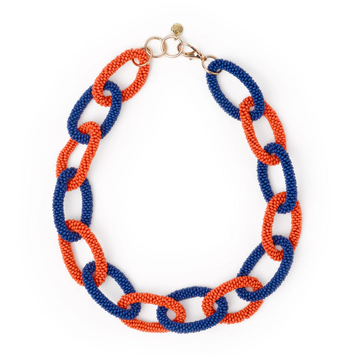 Game Day Chain Link Beaded Necklace Navy + Orange Single Strand