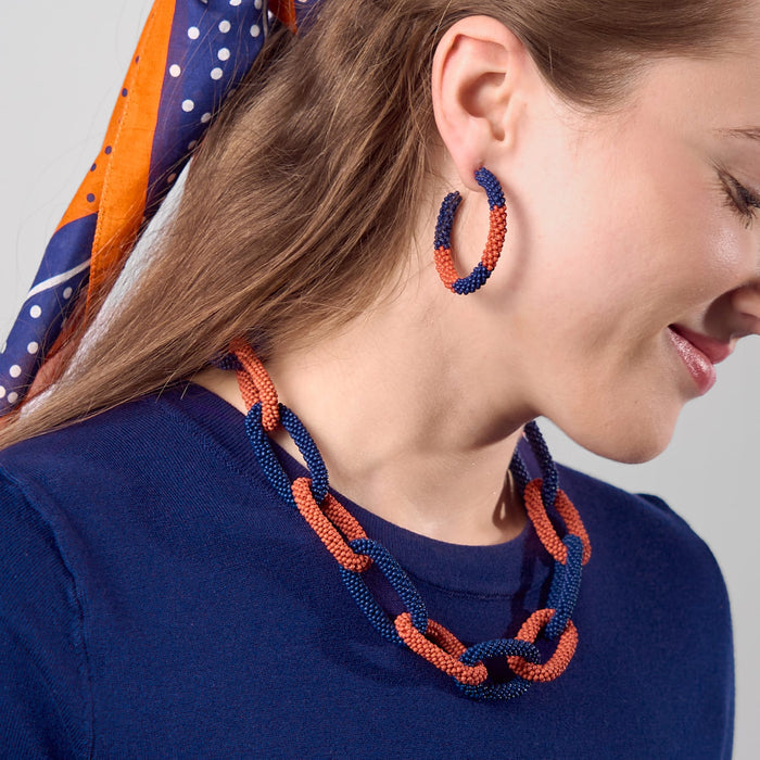 Game Day Beaded Color Block Hoop Earrings Navy + Orange Hoop