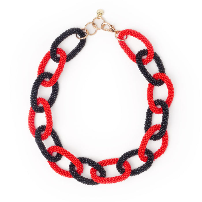 Game Day Chain Link Beaded Necklace Red + Black Single Strand