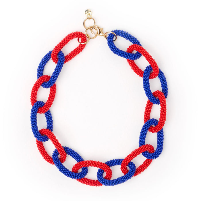 Game Day Chain Link Beaded Necklace Red + Blue Single Strand
