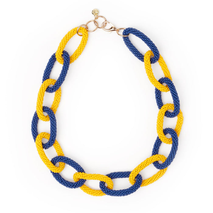 Game Day Chain Link Beaded Necklace Yellow + Navy Single Strand