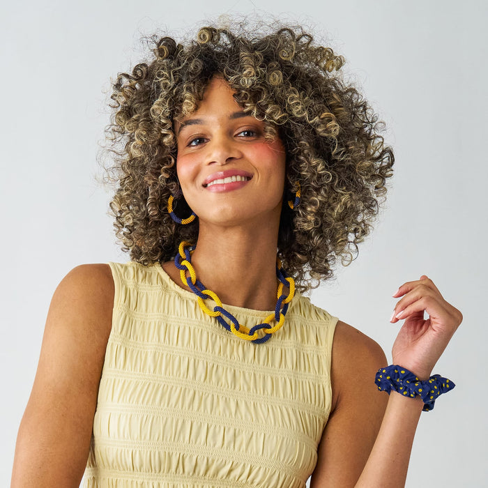 Game Day Chain Link Beaded Necklace Yellow + Navy Single Strand