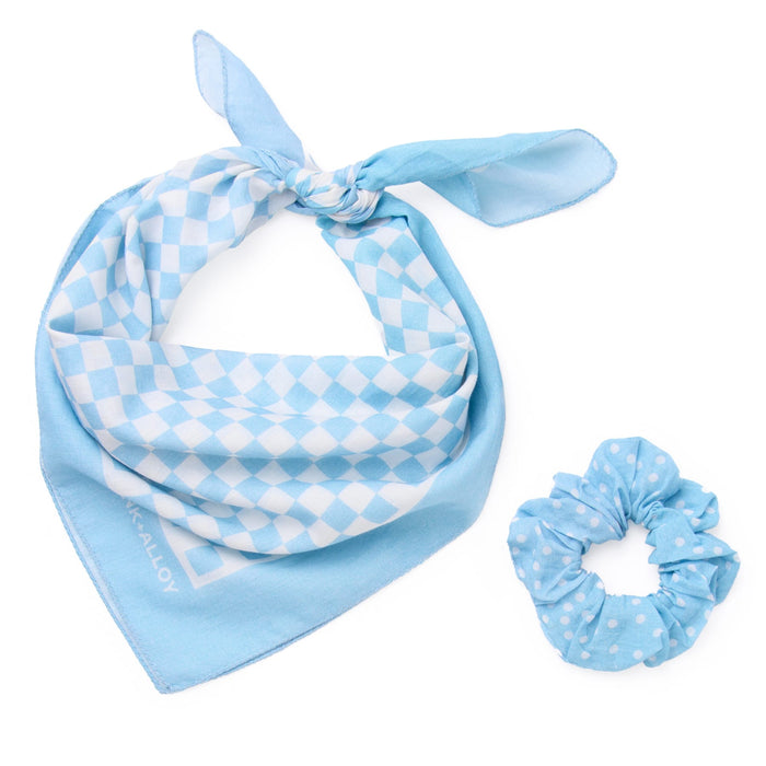 Game Day Check Scarf + Scrunchie Light Blue + White 21x21 Scarf