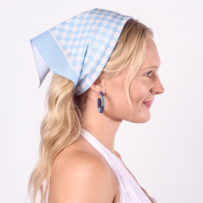 Game Day Check Scarf + Scrunchie Light Blue + White 21x21 Scarf
