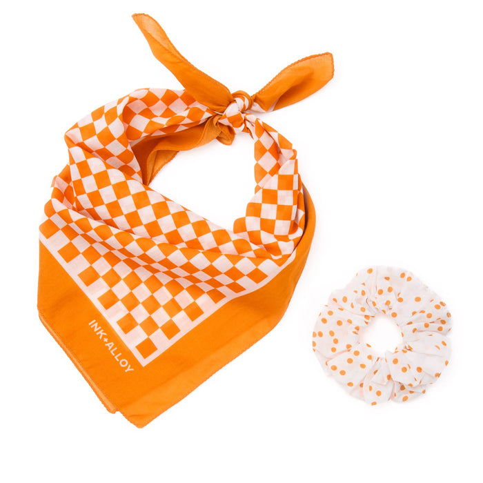 Game Day Check Scarf + Scrunchie Orange + White 21x21 Scarf