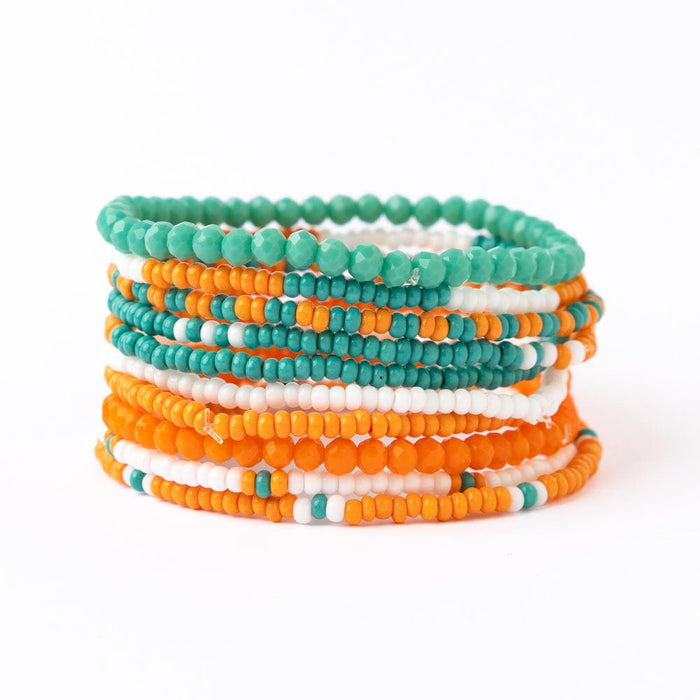 Game Day Color Block Beaded 10 Strand Stretch Bracelet Set Aqua and Orange Stack