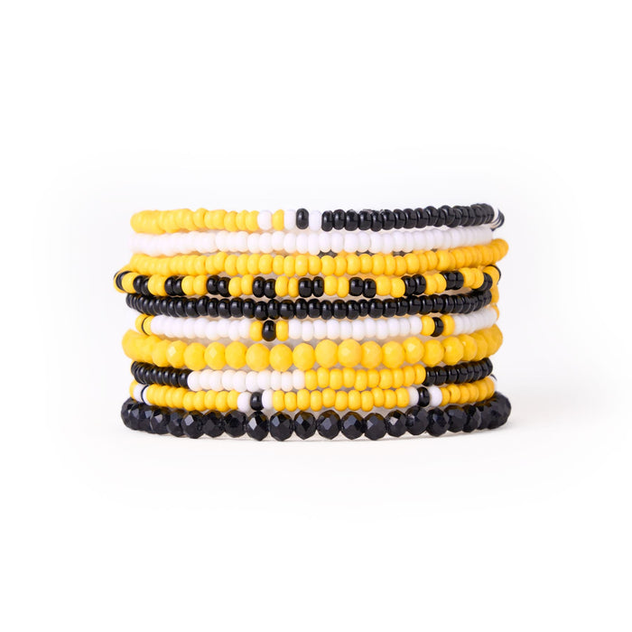 Game Day Color Block Beaded 10 Strand Stretch Bracelet Set Black and Yellow Bracelet