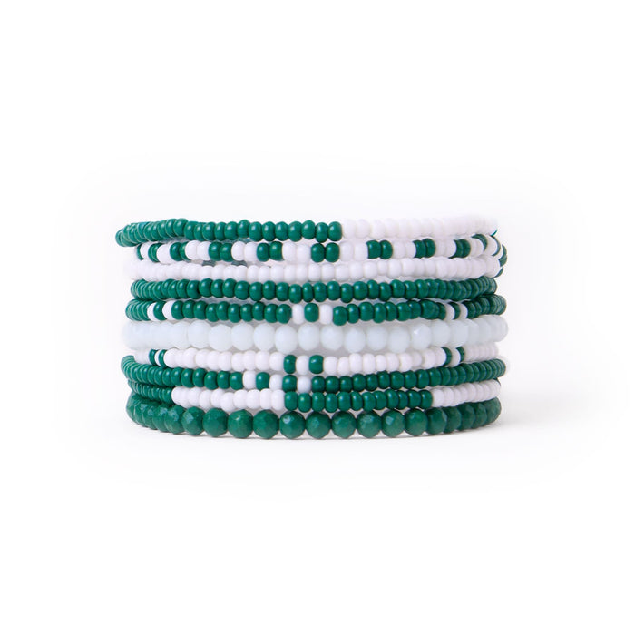 Game Day Color Block Beaded 10 Strand Stretch Bracelet Set Dark Green and White Bracelet