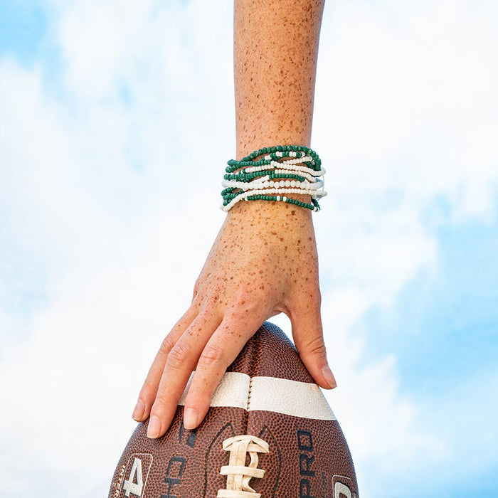 Game Day Color Block Beaded 10 Strand Stretch Bracelet Set Dark Green and White