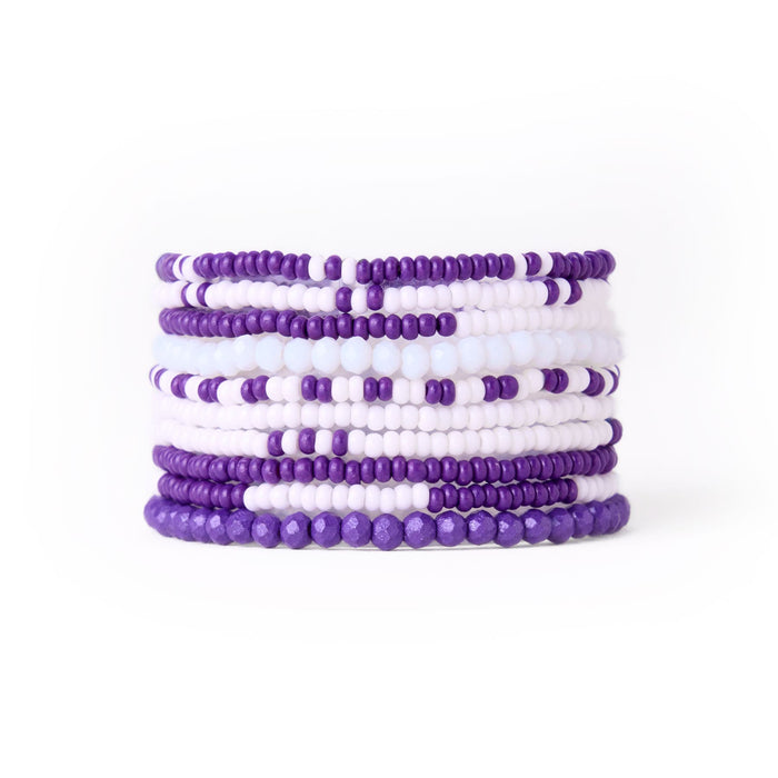 Game Day Color Block Beaded 10 Strand Stretch Bracelet Set Purple and White Bracelet
