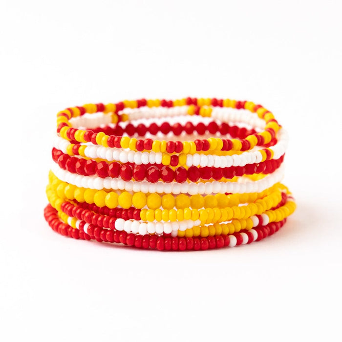 Game Day Color Block Beaded 10 Strand Stretch Bracelet Set Red and Yellow Stack