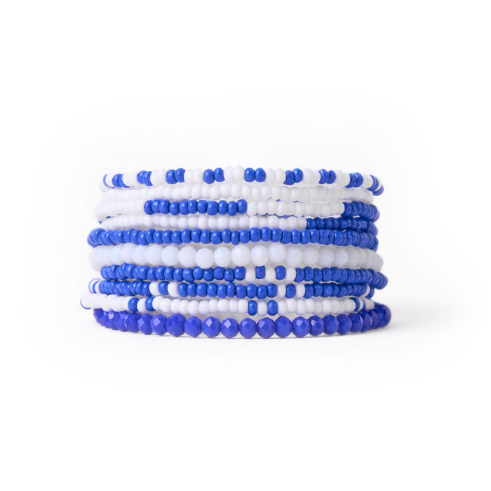 Game Day Color Block Beaded 10 Strand Stretch Bracelets Blue + White Bracelet