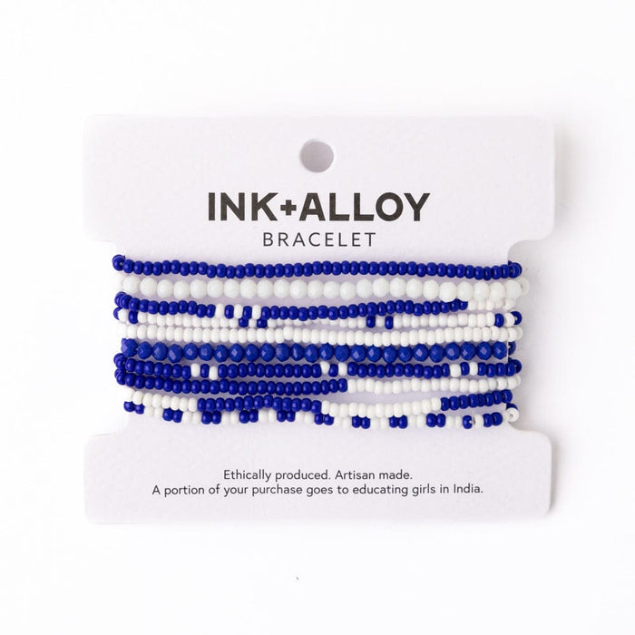 Game Day Color Block Beaded 10 Strand Stretch Bracelets Blue + White Stack