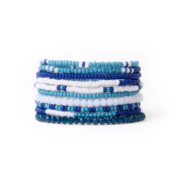 Game Day Color Block Beaded 10 Strand Stretch Bracelets Navy + Light Blue Bracelet