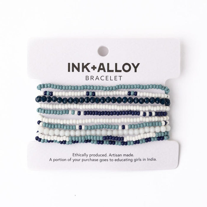 Game Day Color Block Beaded 10 Strand Stretch Bracelets Navy + Light Blue Stack