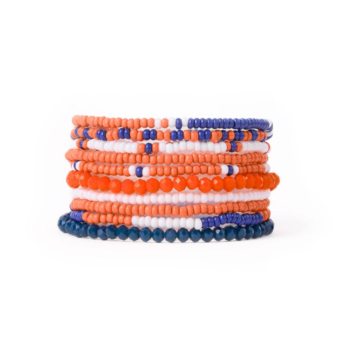 Game Day Color Block Beaded 10 Strand Stretch Bracelets Navy + Orange Bracelet