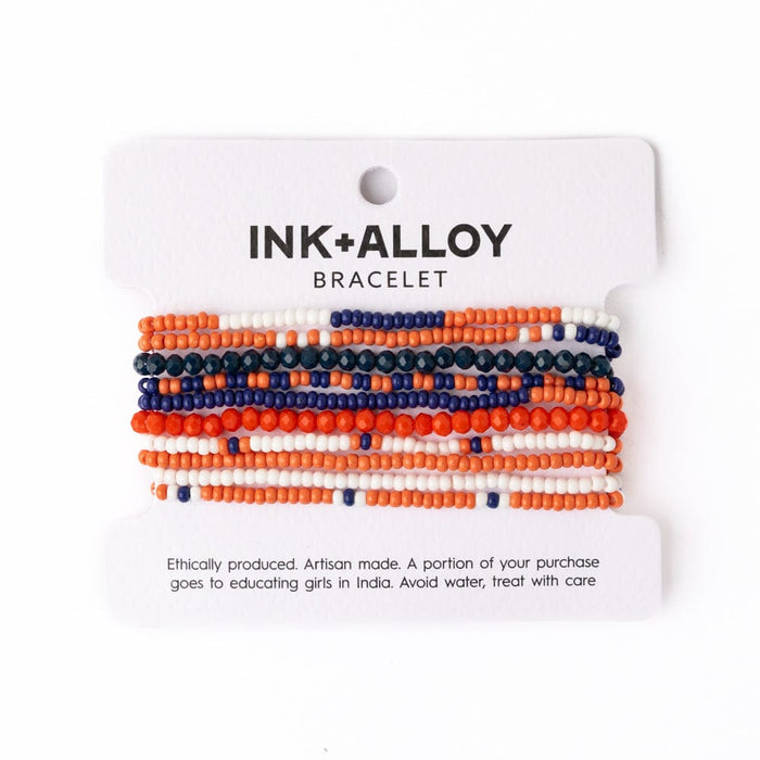 Game Day Color Block Beaded 10 Strand Stretch Bracelets Navy + Orange Stack