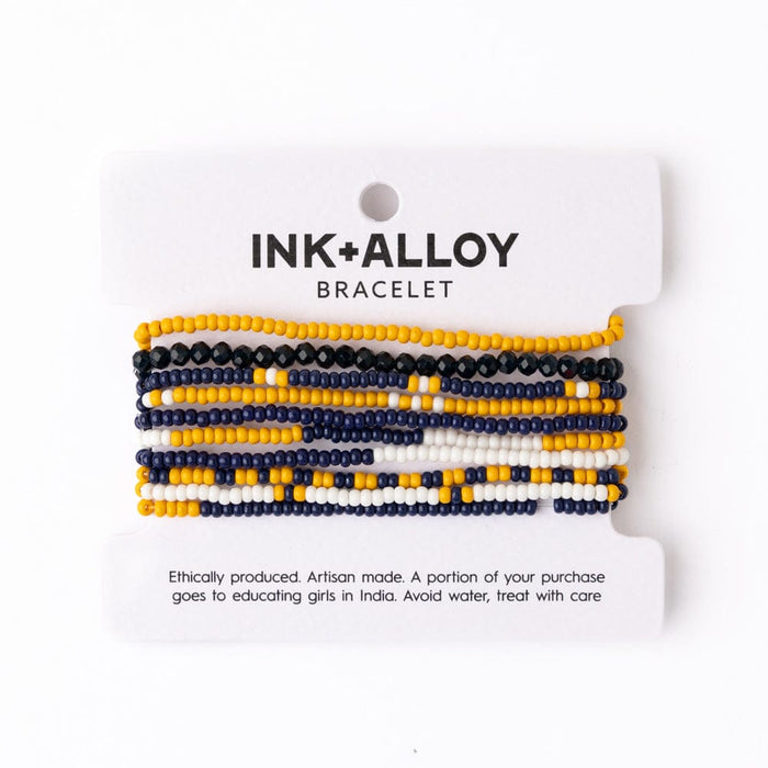 Game Day Color Block Beaded 10 Strand Stretch Bracelets Navy + Yellow Stack