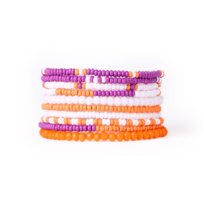 Game Day Color Block Beaded 10 Strand Stretch Bracelets Orange + Purple Bracelet