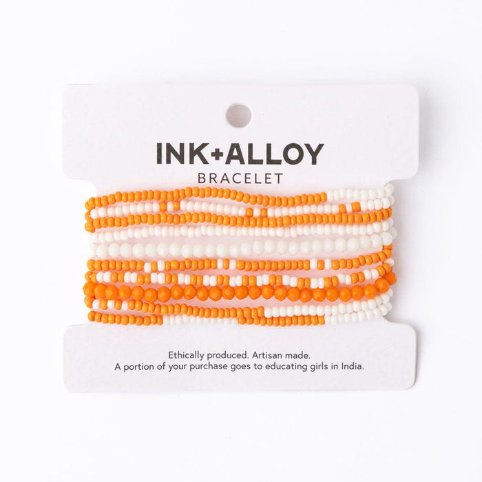 Game Day Color Block Beaded 10 Strand Stretch Bracelets Orange + White Stack
