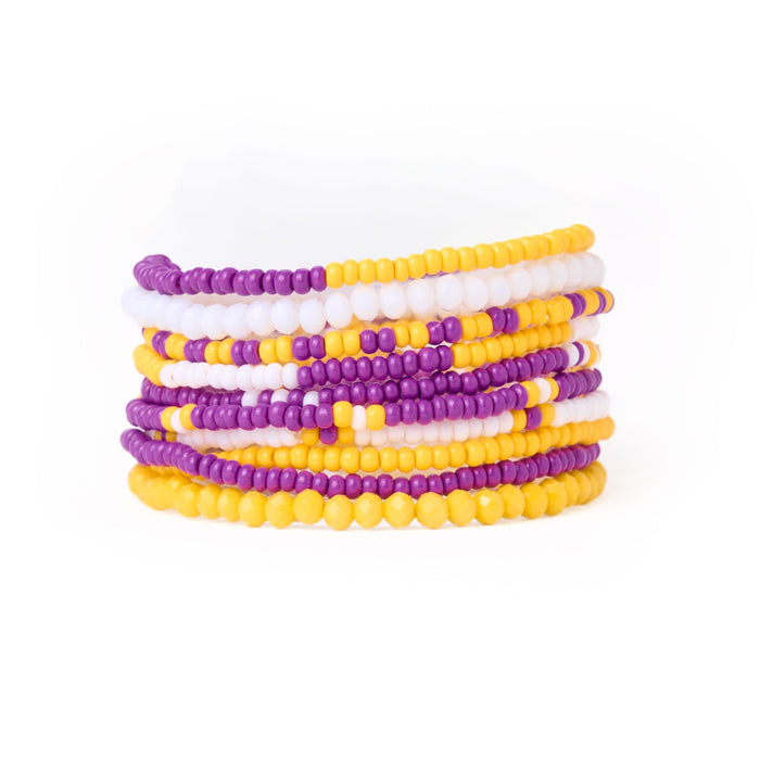 Game Day Color Block Beaded 10 Strand Stretch Bracelets Purple + Yellow Bracelet