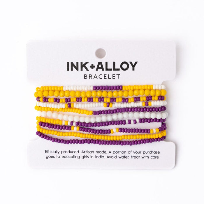 Game Day Color Block Beaded 10 Strand Stretch Bracelets Purple + Yellow Stack