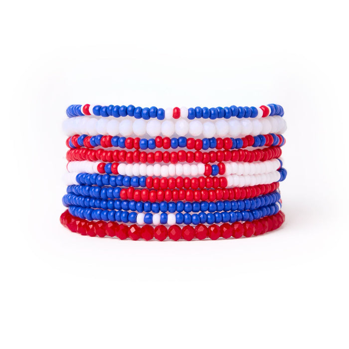 Game Day Color Block Beaded 10 Strand Stretch Bracelets Red + Blue Bracelet
