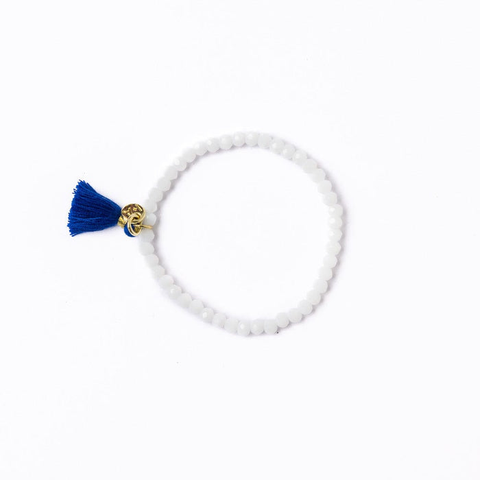 Game Day Crystal Stretch Bracelet With Tassel Blue + White Stretch