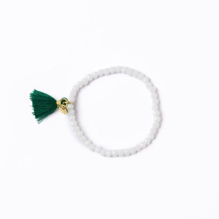 Game Day Crystal Stretch Bracelet With Tassel Green + White Stretch