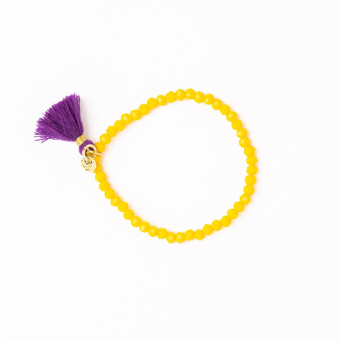 Game Day Crystal Stretch Bracelet With Tassel Purple + Yellow Stretch
